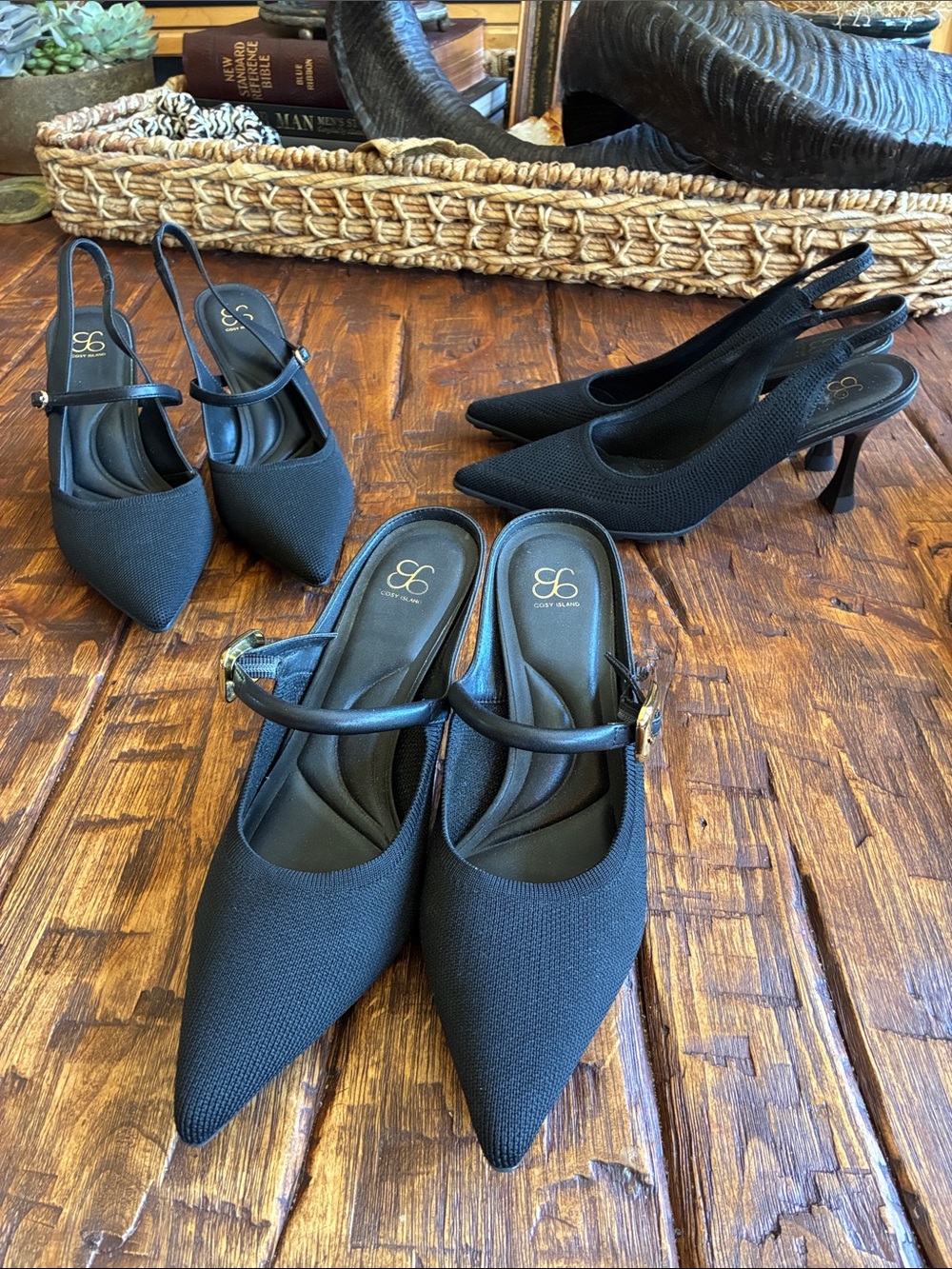 Seychelles Black Pointed-Toe Slingback Heels with Gold Buckle Accent